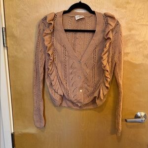 Fable Ruffled Cable-Knit V-Neck Cardigan - Dusty Rose Size Medium